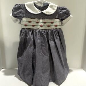Friedknit Creations Size 2T Girls Navy Blue Gingham Dress Watermelon Smocking